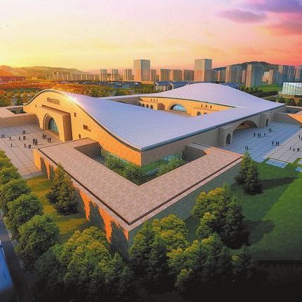 延安博物馆建筑外观：回字形拱券造型，新区中轴线上的文化新地标