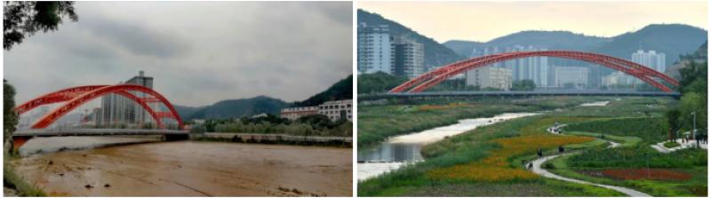 延河彩虹桥段河道修复前后对比