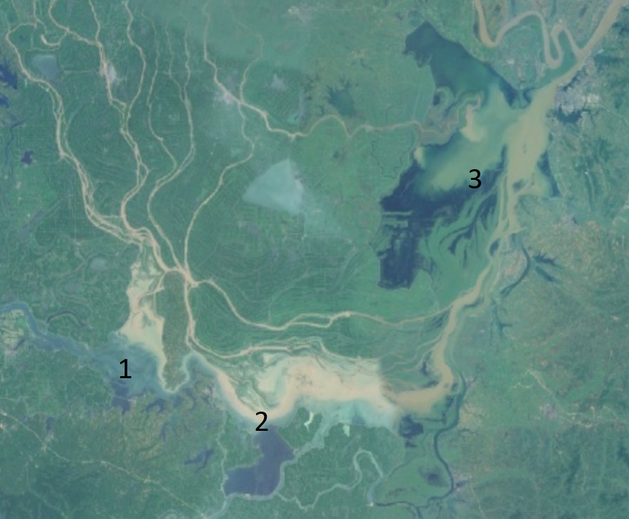 洞庭湖卫星影像，可见大堤与湖面、围垦农田的边界