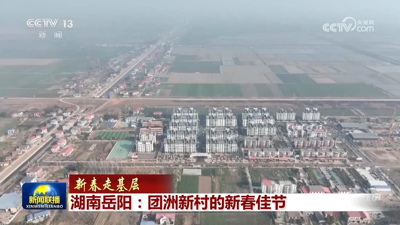 团洲新村安置房全景，多栋六层住宅楼整齐排列，周边配套道路和菜地