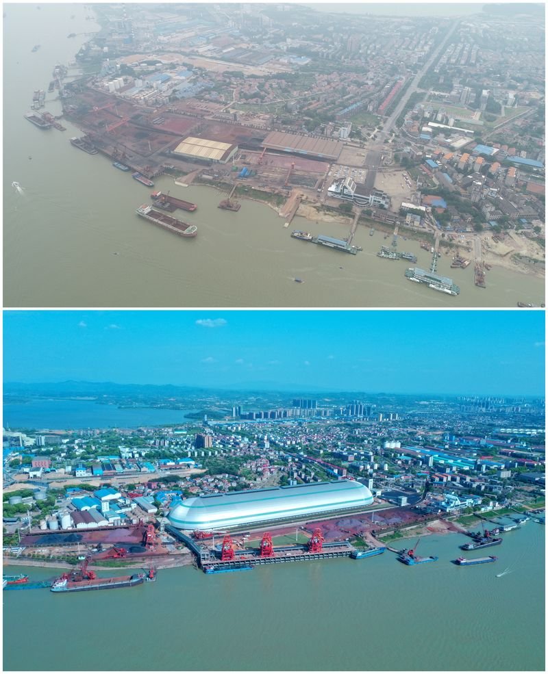 江湖交汇处航拍画面，长江来水与洞庭湖出流在交汇处形成清晰的颜色对比，远处可见城陵矶港码头设施和桥梁