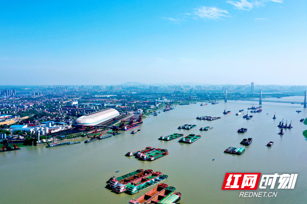 城陵矶港全景，胶囊形散货料仓与码头作业区沿江岸排列