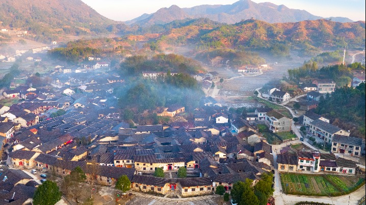 张谷英村建筑群外观，灰黑色砖木结构沿山坡铺展