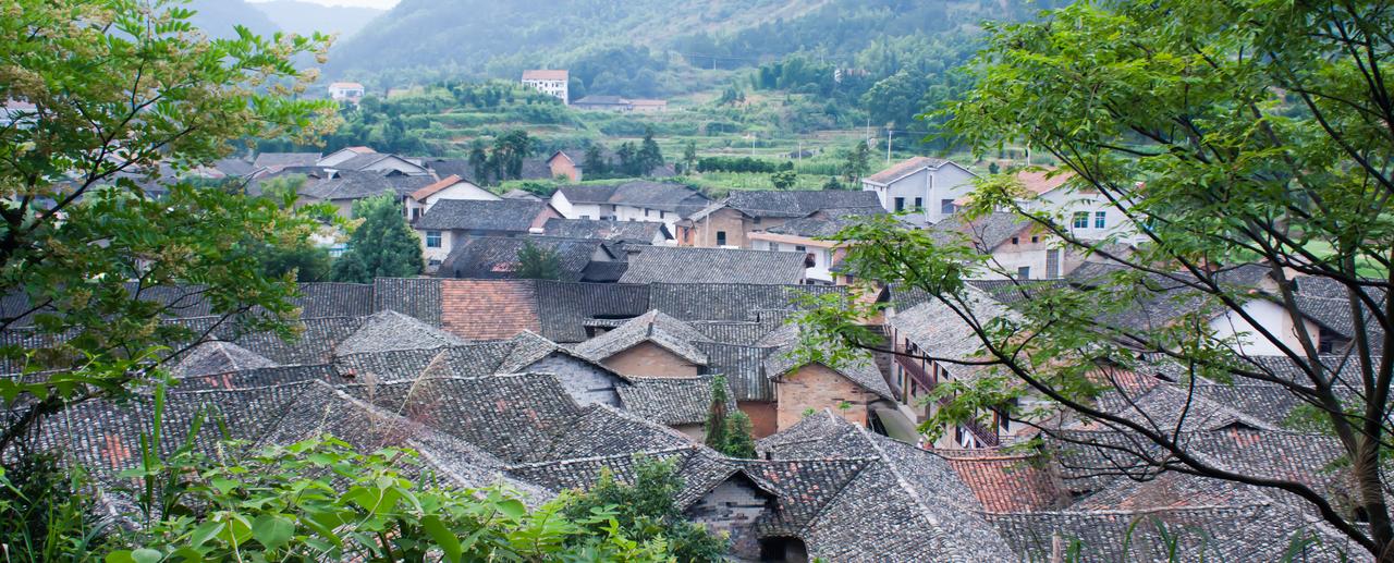张谷英村航拍全景，明清建筑群沿山坳呈"丰"字形铺开