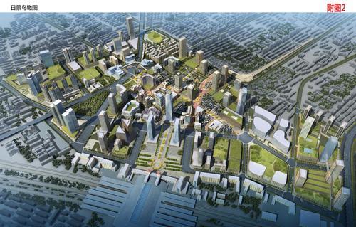 二七广场全景俯瞰，六条城市主干道在此交汇，塔矗立在商业建筑群中央