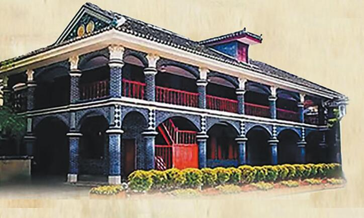 毛泽东张闻天王稼祥住址正面外观,门口悬挂毛泽东画像