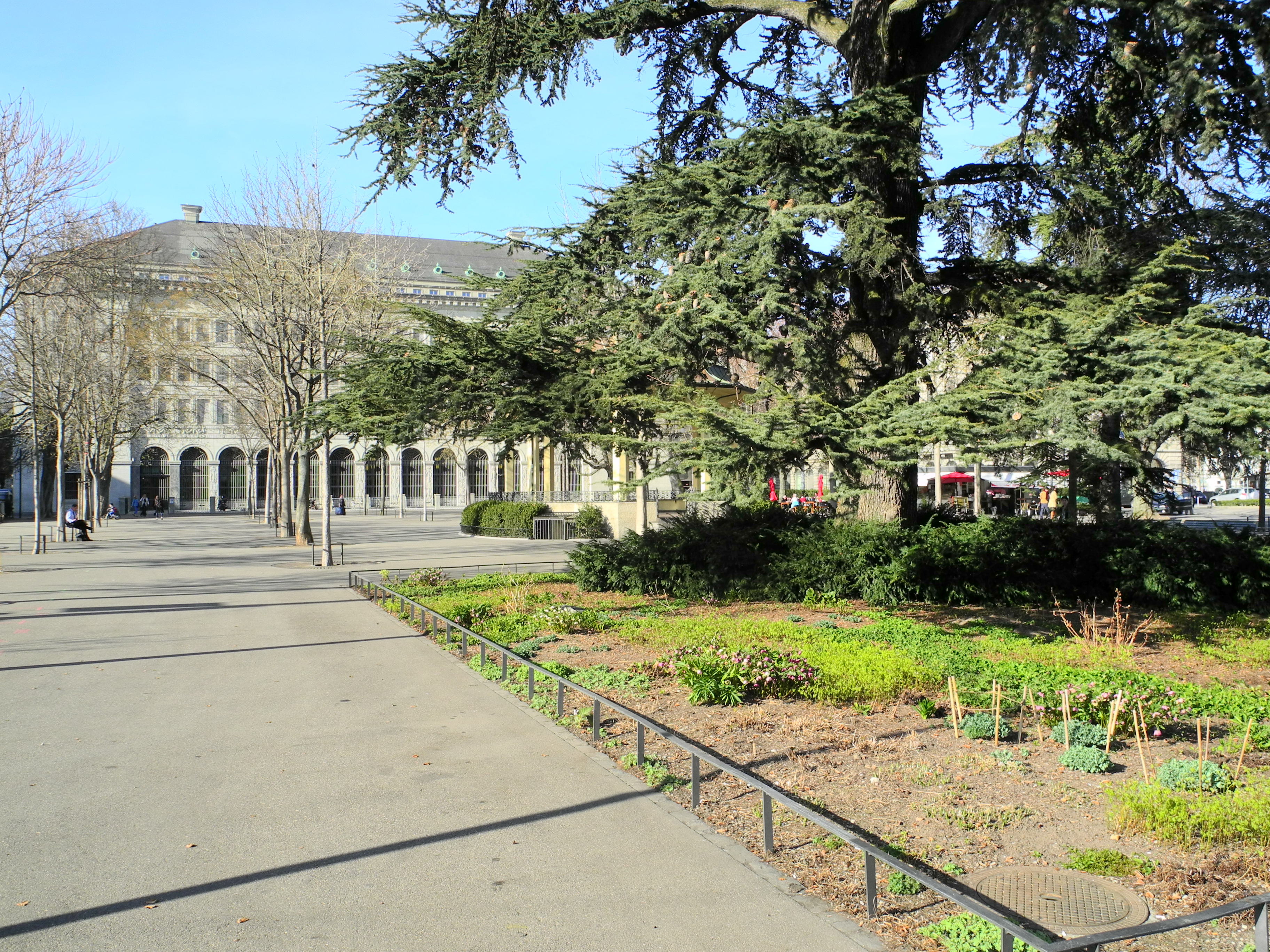 Burkliplatz 全景，可见广场铺装、ZSG 游船码头与湖岸天际线